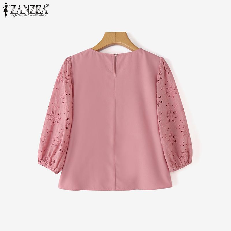ZANZEA Womens Summer Casual 3/4 Sleeve Hollow Patchwork Embroidery Crochet Blouse