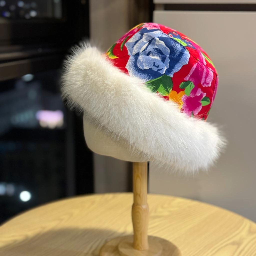 Northeastern Large Flower Cloth Plush Basin Hat for Men and Women In Autumn and Winter Thickened and Velvet Fisherman Hat Warm Ear Protection Hat