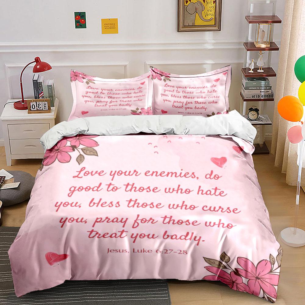 "Floral-Themed Inspirational Bible Verses Gift Set" kid's and adults' bedroom decor, Exquisite three-piece bedding set gift