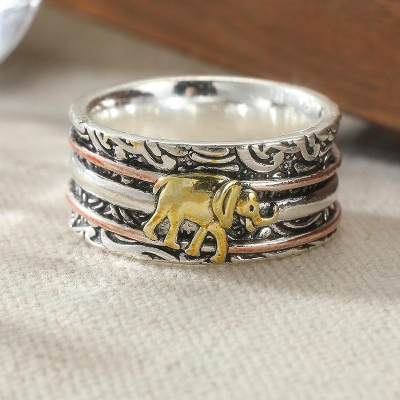 Vintage Hand Carved Elephant Wide Women's Ring Three Color Metal Geometry Daily Wear Party Jewelry Anniversary Gift