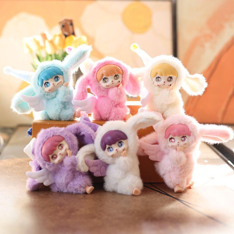 Fluffy Angel Bunny Keychain Plush Toy Pendant Cute Soft Vinyl Doll for Kids Birthday Present