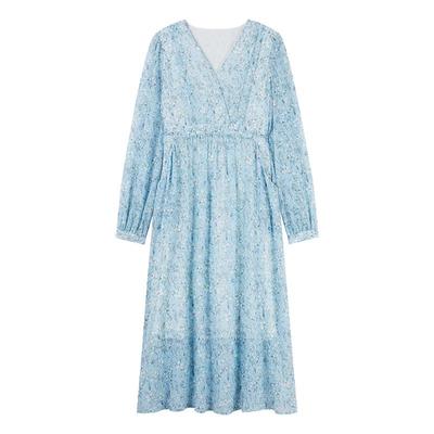 Qiu Shui Yi Ren Damen Blumen V-Ausschnitt Midi-Kleid