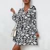 Women's Spring Autumn V Neck Long Sleeve Lace Up Printed High Waist A Line Dress