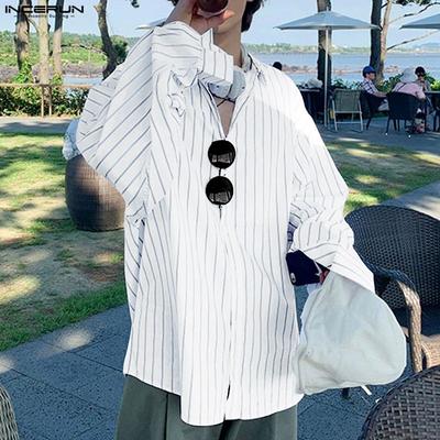 Plus Size Men Casual Turn Down Collar Long Sleeve Striped Shirts Loose Tops