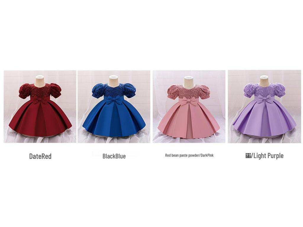 New European & American 1-Year-Old Girls' Bow Princess Dress with Puff Sleeves & Sequined Skirt