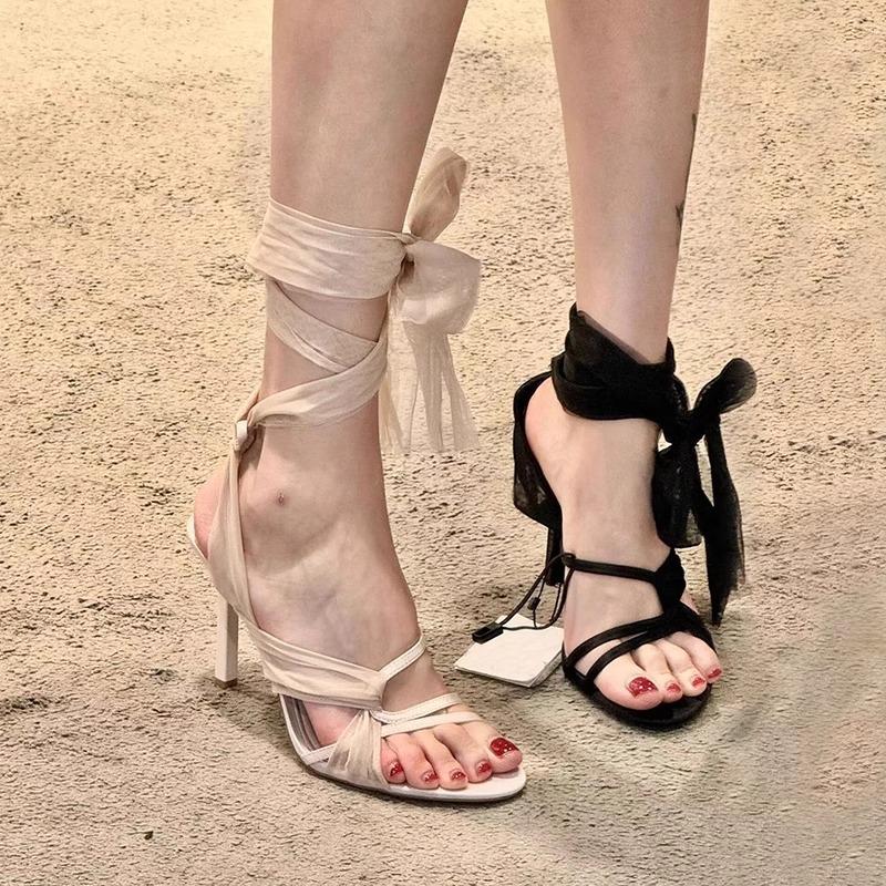 Fairy style elegant tulle cross-strap high heels female 2025 new round head open-toed stiletto Roman sandals