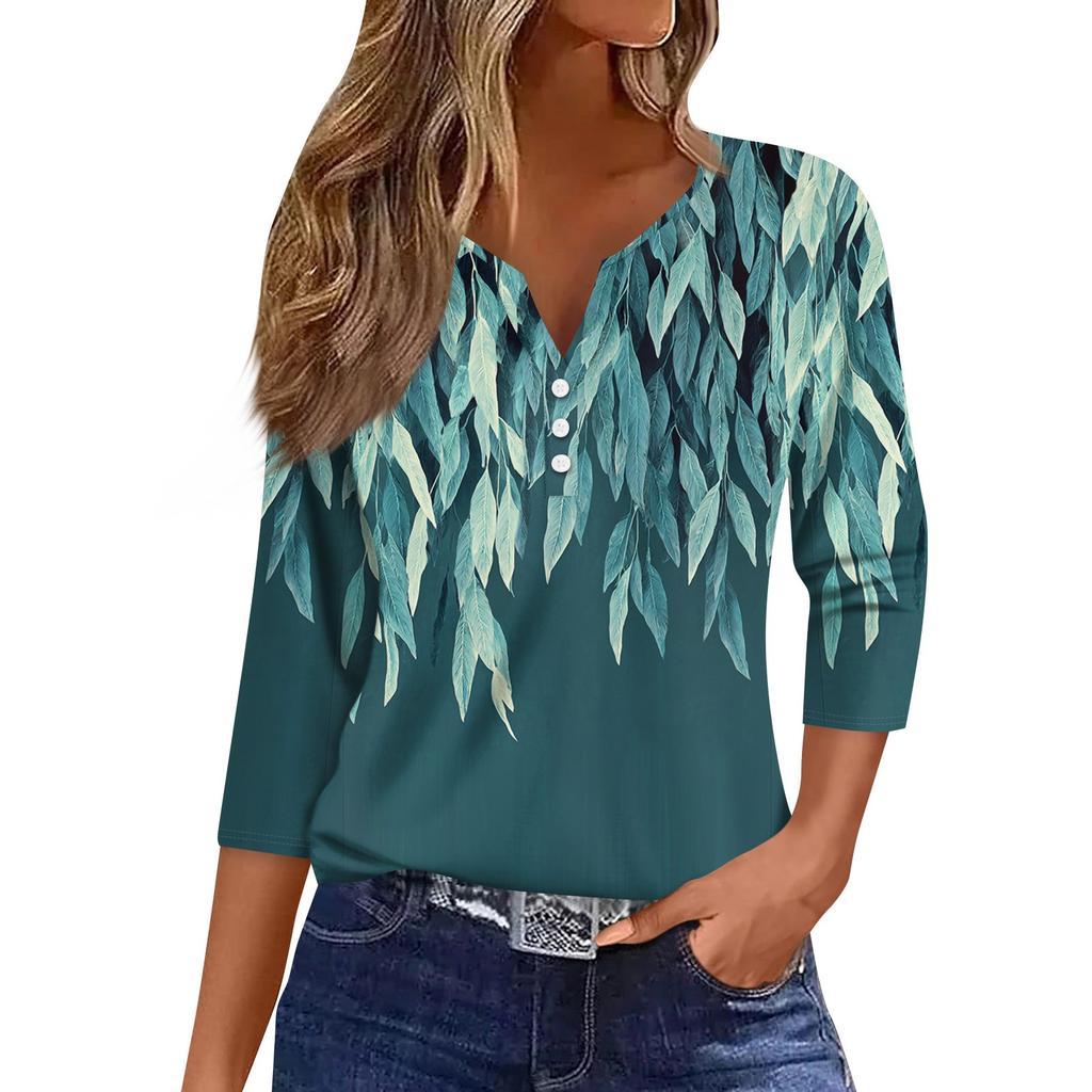 3/4 Length Sleeve Women's Tops Print Vintage Fashion Casual Loose With V Neck Plus Size Shirts Tops