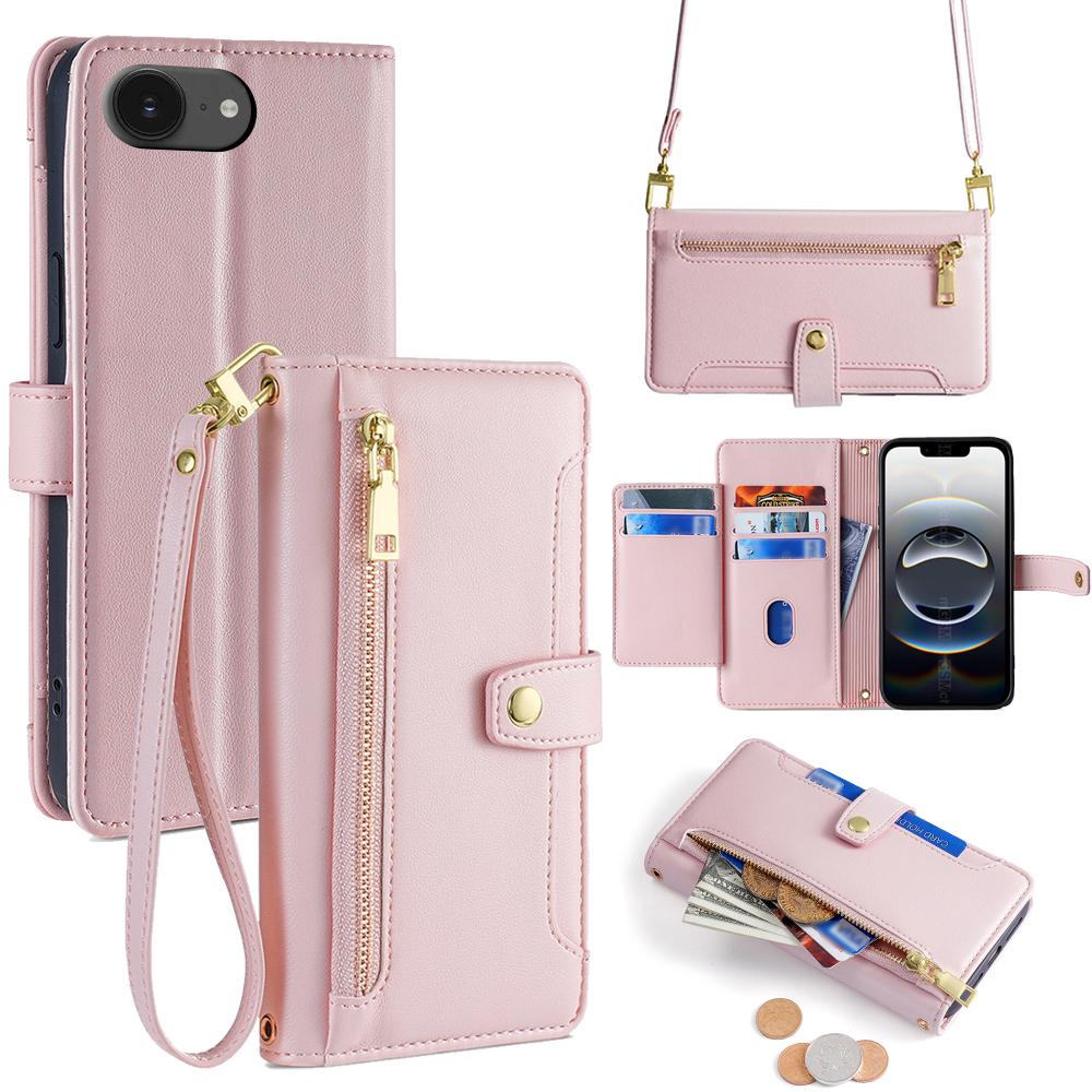 For iPhone 16e Case Zipper Pocket Wallet Leather Phone Cover with 2 Straps