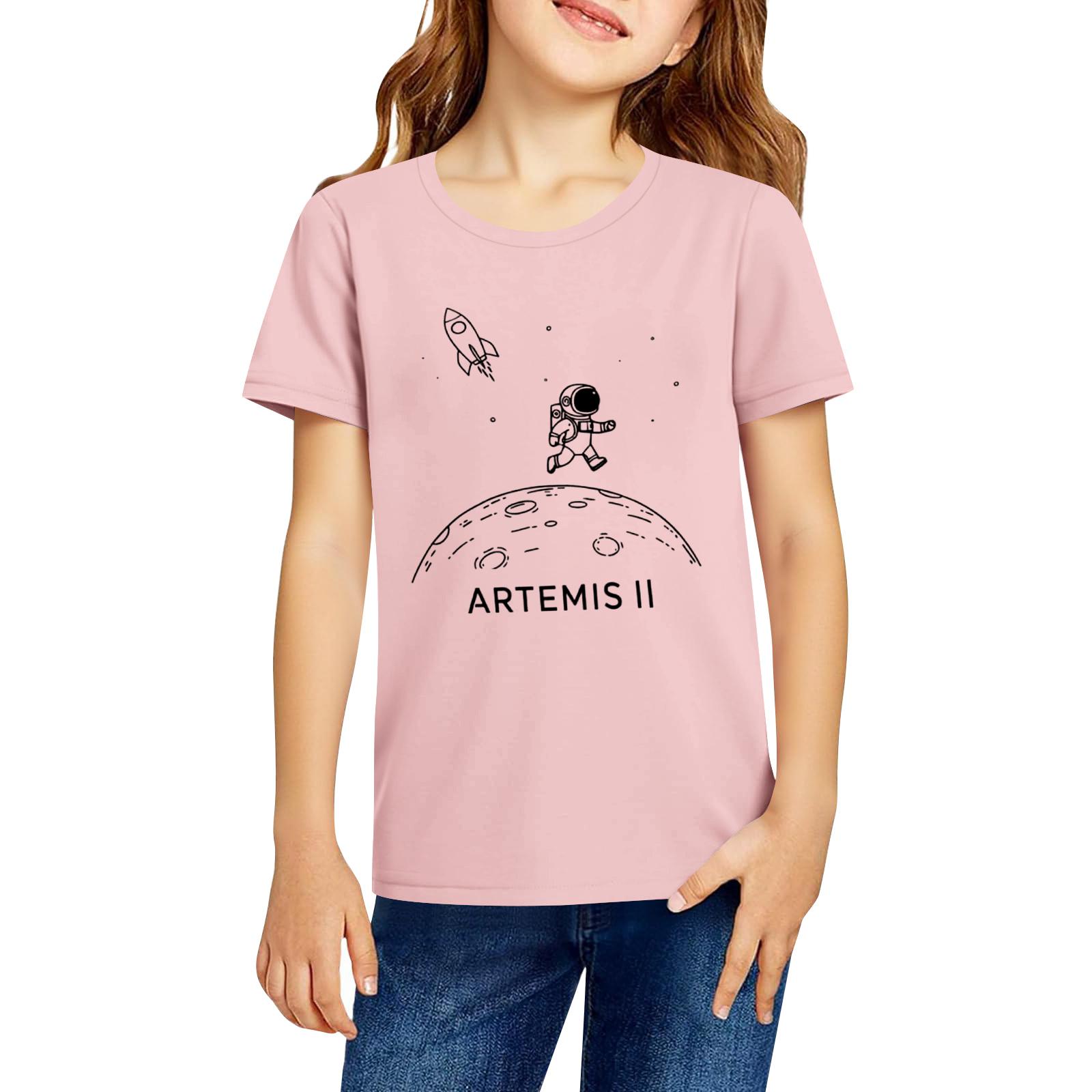 

Kids Casual Short Sleeve Graphic T Shirt Artemis II Space Print Comfortable Cotton Crew Neck Tee Top for Boys and Girls 110 рожевий