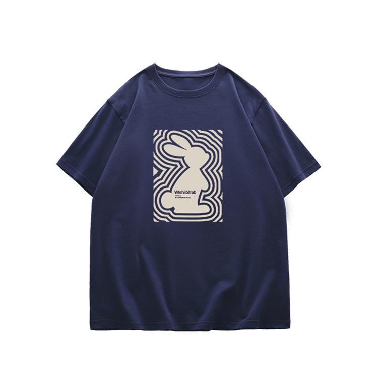 

Spring and summer 2025 new cotton short-sleeved women s t-shirt high-end retro cartoon rabbit print front shoulder top trendy XXXL Темно-синій