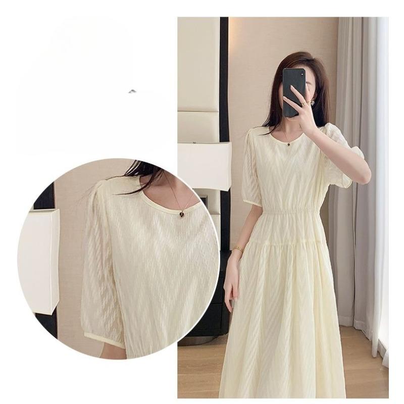 French Style Summer Dress for Petite Women Chiffon Slim Fit Round Neck Elegant Knee Length Flowy Dress