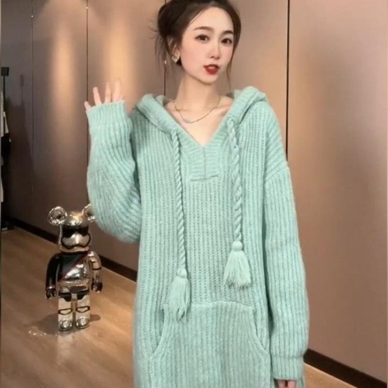 Korean Style Knitted Hoodies Women Spring Autumn Long Sleeves Hooded Sweater Coats Fashion Sweet All-matched Hoodies
