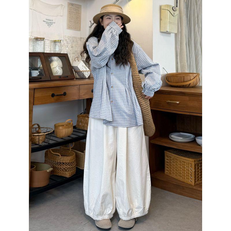 Plus-Size Women's Clothing 2026 Spring New Style Japanese-Style Lace Collar Loose Slimming Youthful Plaid Shirt Top
