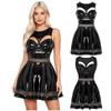 Mini Vestito da Club Lucido in Ecopelle PU da Donna Senza Schiena Davanti Svuotato Reggiseno Push-up Inserti in Rete Orlo Pieghettato per Bar Serate Fuori
