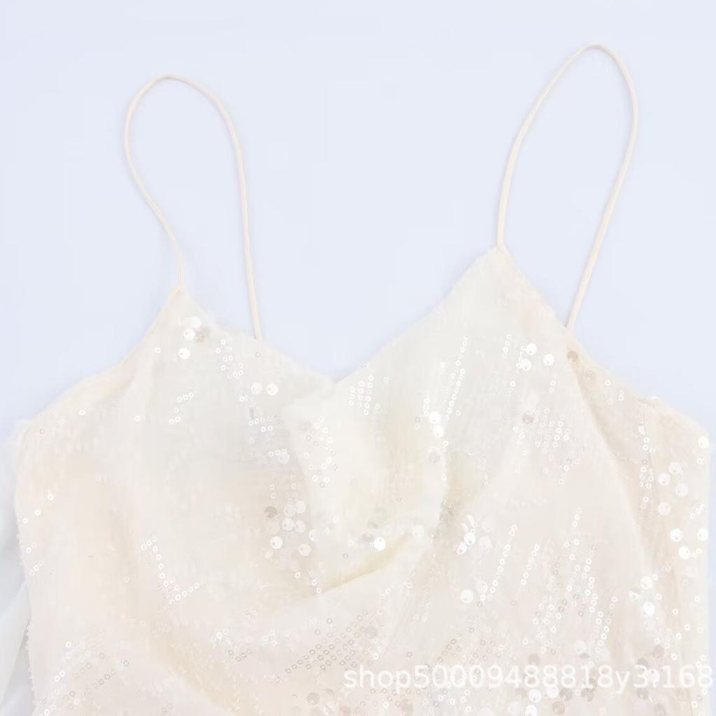 Summer new women's clothing temperament fashion laminated decorative beads suspender sleeveless swing collar short dress