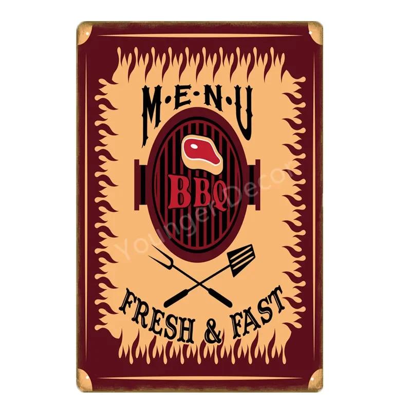 BBQ Steak House Grill Party Vintage Poster Wall Decor For Bar Pub Kitchen Home Plate Barbecue Metal Signs Painting Plaque YJ187
