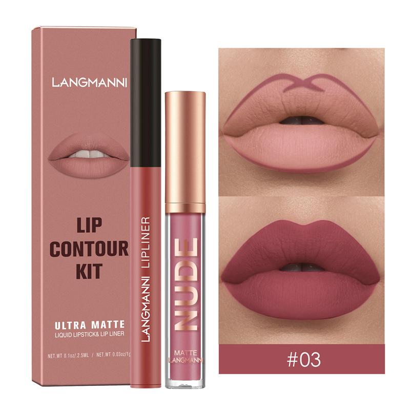 2-teilige Kombination aus Lippenkonturenstift und Lipgloss, wasserfest, langanhaltend, samtig, nackt, sexy, nicht klebender, matter Lippenstift, Lippenkonturenstift