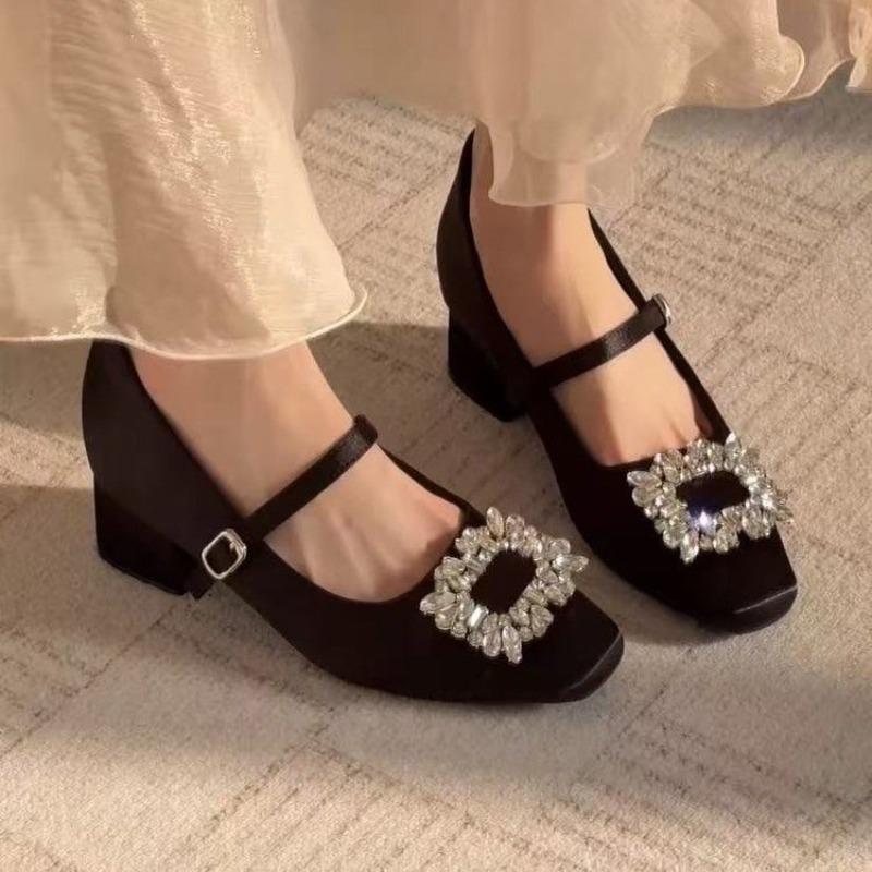 Inside Heightened Kitten Heel Autumn New Square Toe Shallow Mouth Rhinestone Square Buckle One-band Non-slip Single Shoes