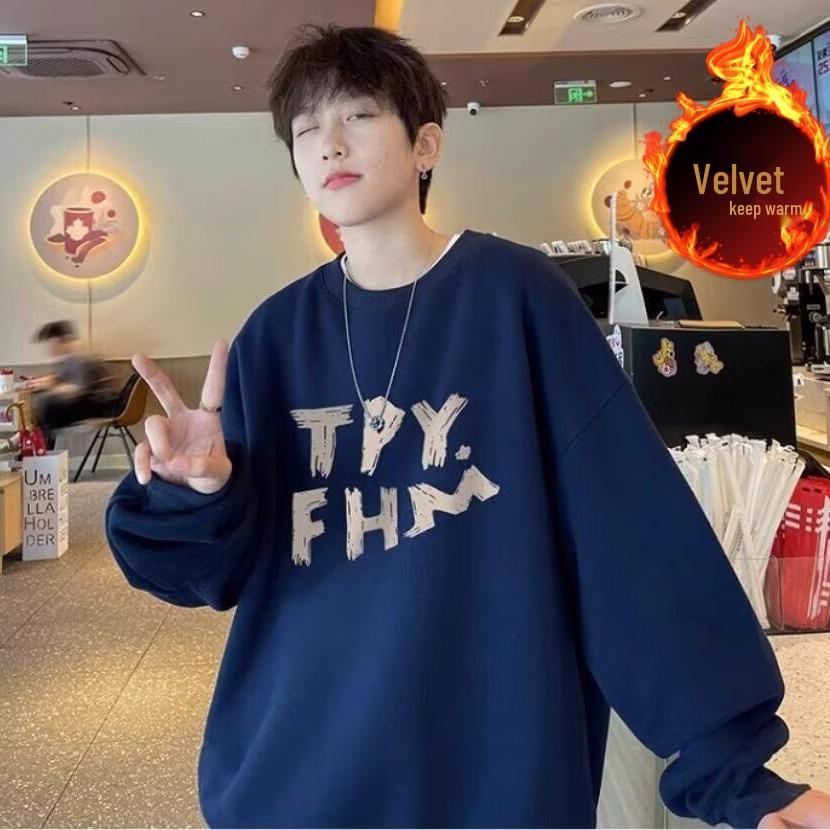 Men s Heavyweight Navy Blue Fleece-Lined Crewneck Sweatshirt for Autumn and Winter L