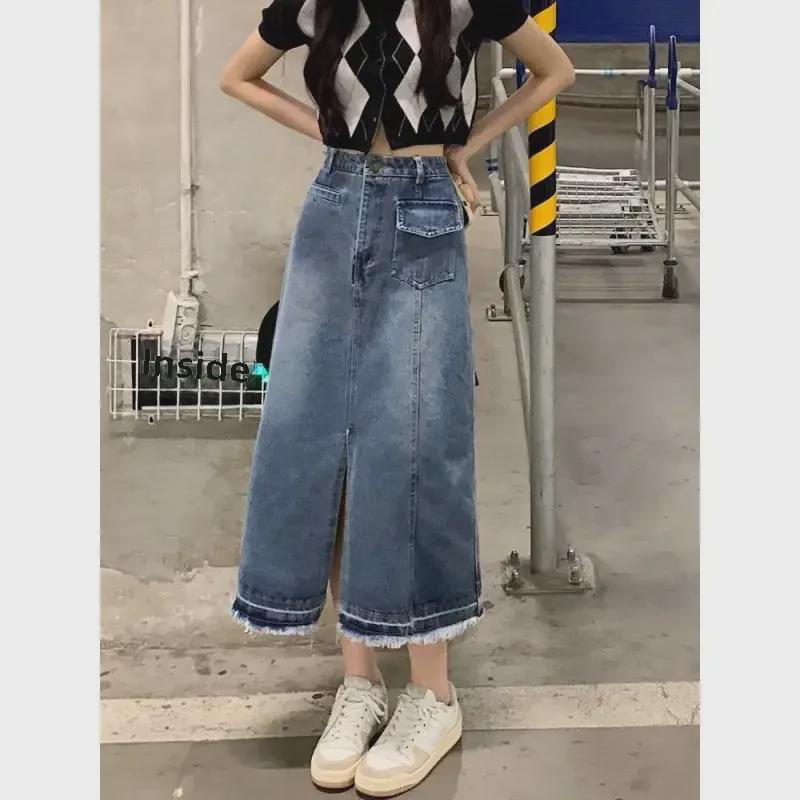 2023 High-Waist Korean Denim Skirt with Slim, Loose Fit and Cross Split Design