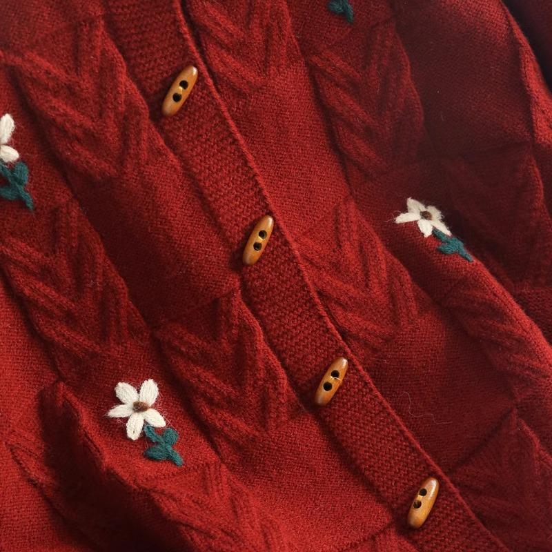 Vintage Heavy Embroidery Cable Knit Sweater Coat Women Autumn Loose Thick Lazy Style Cardigan