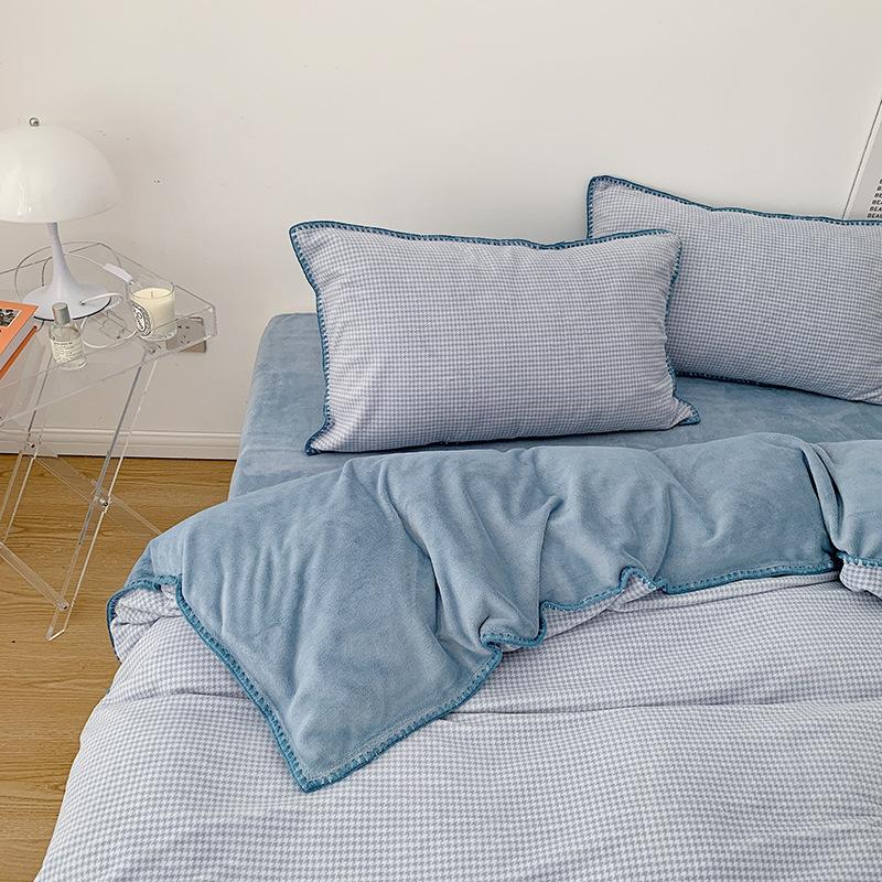 Thickened Milk Fleece Nordic Simple Small Thousand Bird Grid Bed Four-Piece Coral Fleece 1.5M 1.8 Double-Sided