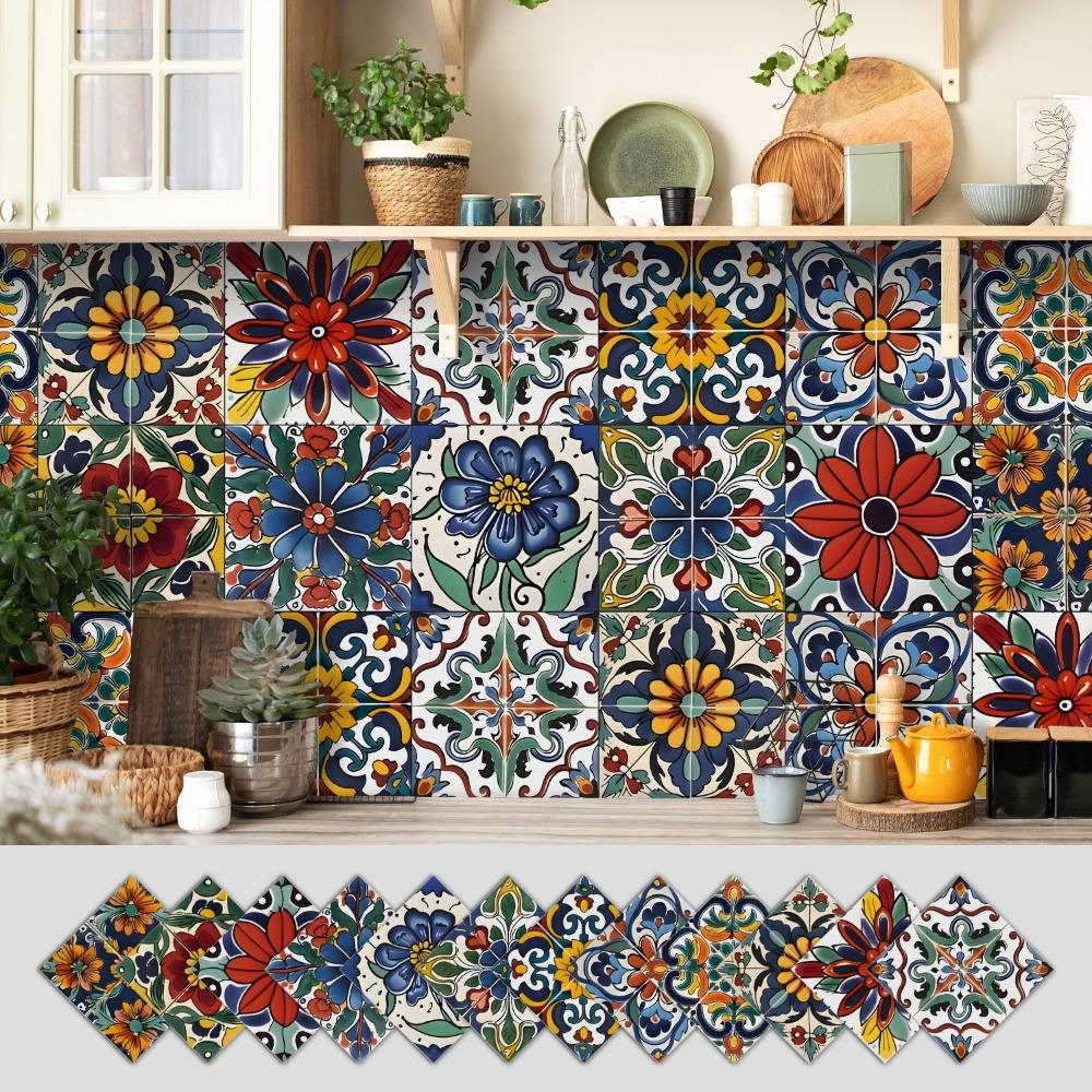 12Pcs Mandala Pattern Backsplash Tile Stickers Multicolor Design PVC Peel and Stick Tile Self-Adhesive Classic Style