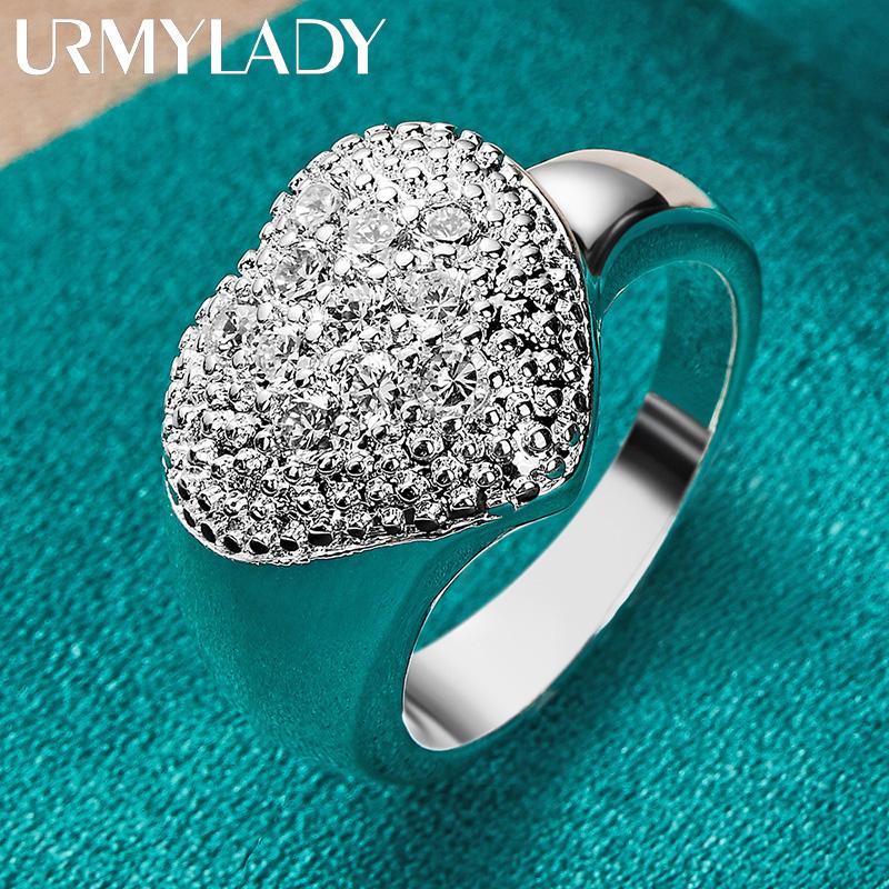 URMYLADY 925 Sterling Silver Heart Zircon 7-10 Ring For Women Fashion Wedding Party Charm Jewelry