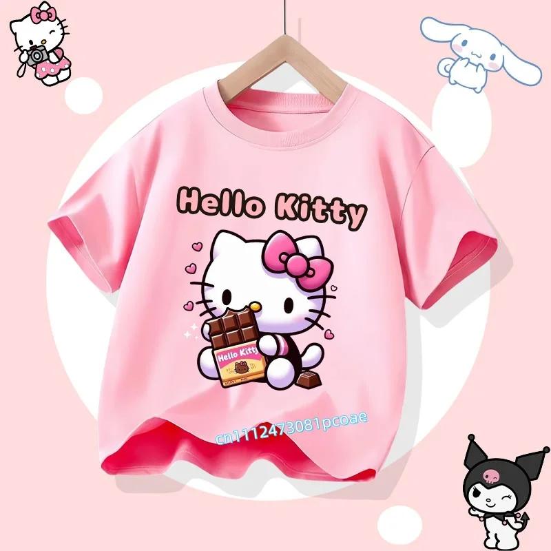 2026 Hello Kitty Summer Tshirt  Cotton ShortSleeved Girls Sportswear with Cartoon Print for Children Aged 112 Years Old