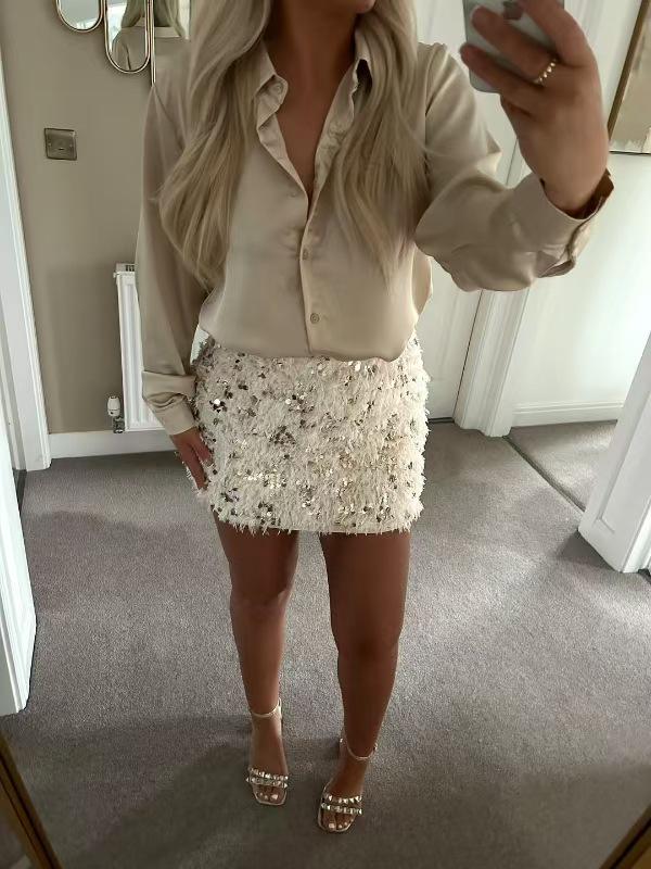 

2026 European & American Beige Sequined Hip-Hugging Slim-Fit Short Skirt L бежевий