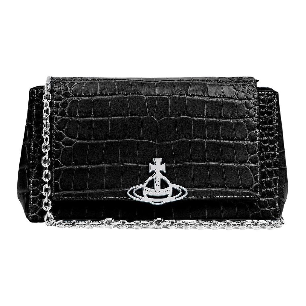 VIVIENNE WESTWOOD Hazel Magnetic Flap Crocodile Embossed Leather Underarm Bag Baguette Shoulder Tote Women Bags Black 42020005L001HN401
