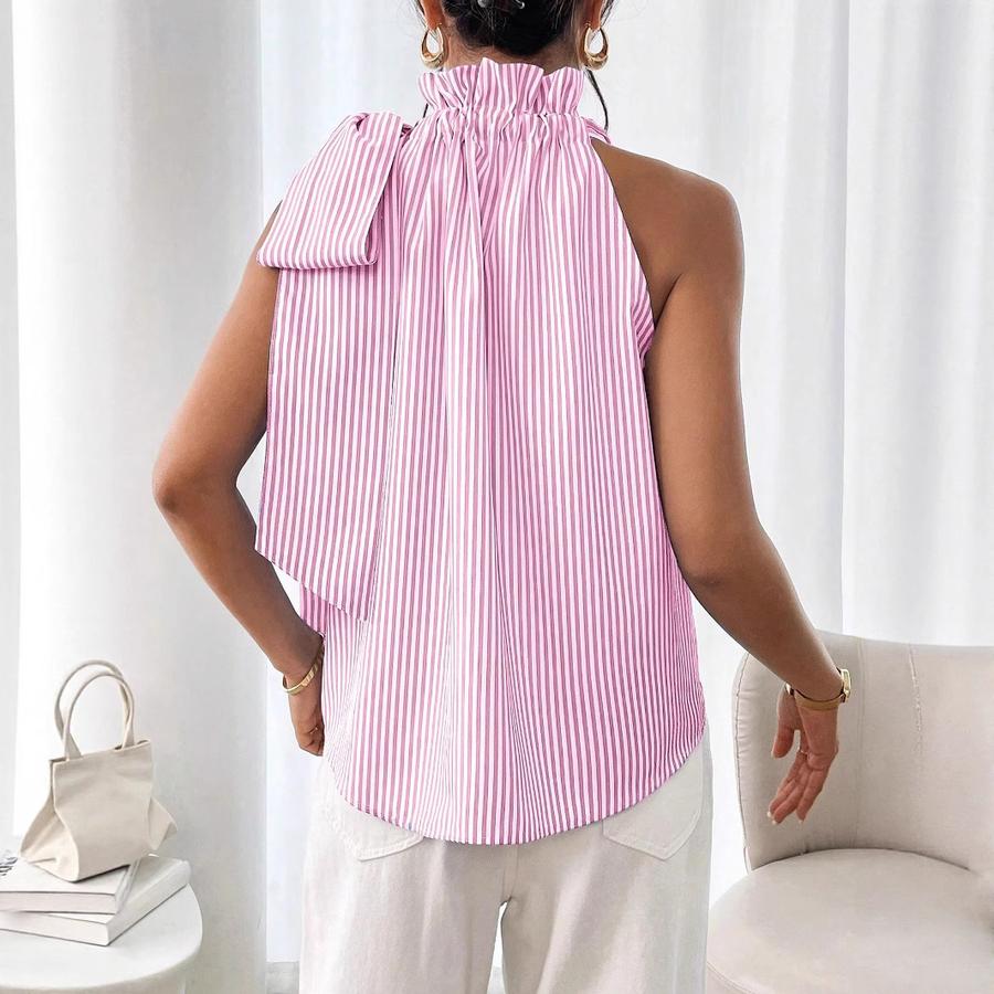 Trendy Casual Striped Ruffled High Neck Tie-Up T-Shirt Top