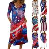 Women’s Casual 34 Sleeve Button Neck Printed Midi Dress with Pocket Loose Fit Soft Fabric Flag Pattern Design