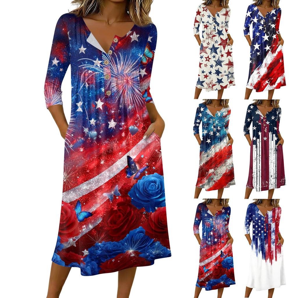 Women’s Casual 34 Sleeve Button Neck Printed Midi Dress with Pocket Loose Fit Soft Fabric Flag Pattern Design