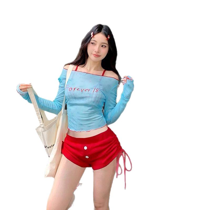 Retro Blue Slimming Four-Piece Bikini Cover-up Set for Women