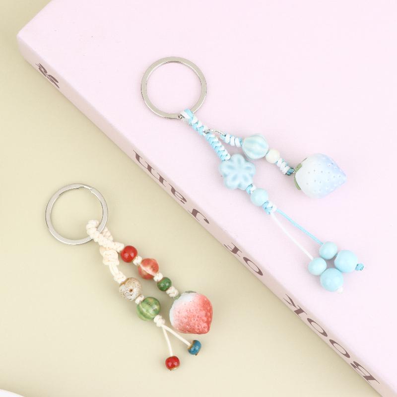 Handmade Ceramic Strawberry Pepper Keychain Vintage Style Smooth Surface Key Ring for Purse Hanging Decoration Gift