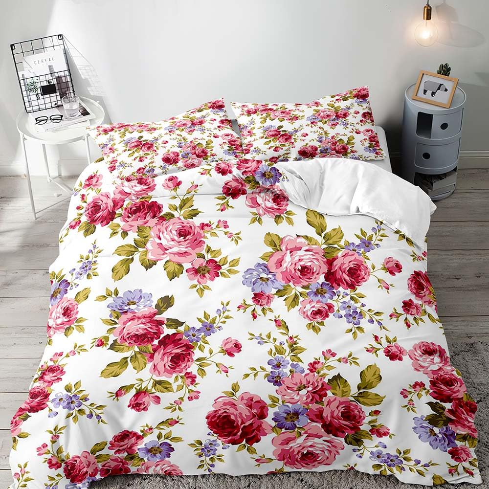 Watercolor Vintage Floral Duvet Cover Botanical Flower Print Three-Piece Set For Women Bedroom Decor With Two Pillowcases