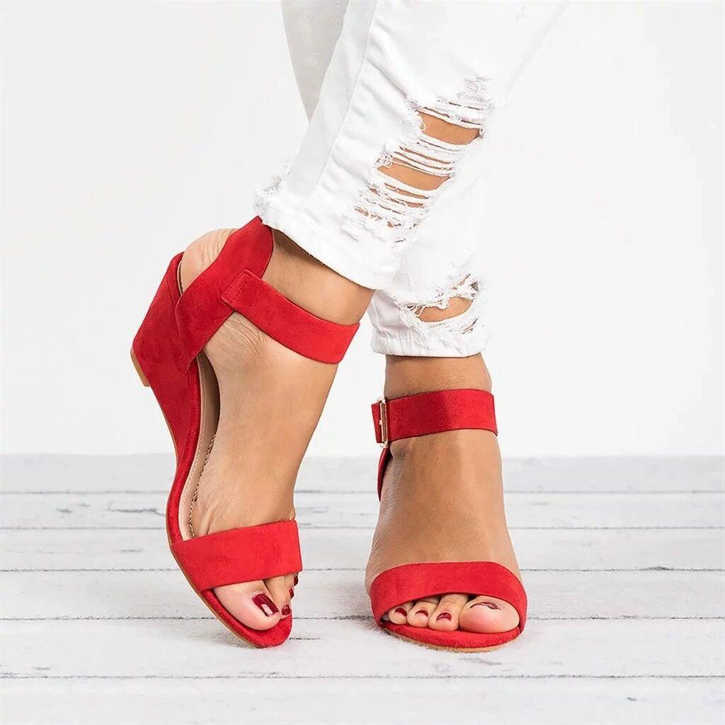 Women High Wedge Sandals Open Toe Fish Mouth One Strap Buckle Pure Color Big Size 43