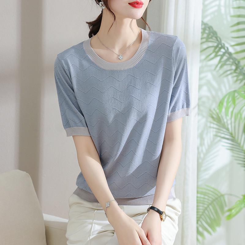 Stylish Ice Silk Short-Sleeve Knit Top for Middle-Aged Women