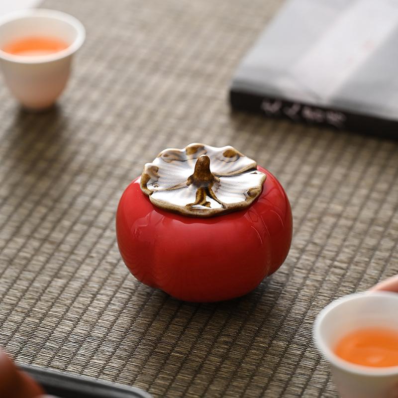 Persimmon tea can Dehua ceramic portable sealed jar moisture-proof tea can creative souvenir wedding happy jar