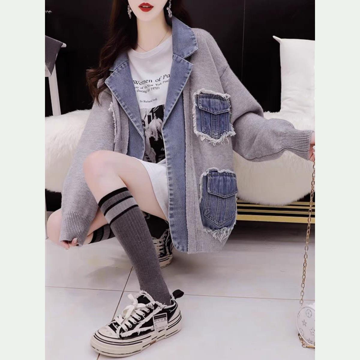 

Джинсовые куртки женские с лацканами, сшитые трикотажные открытые стежки, с длинным рукавом, верхняя одежда One Size серый