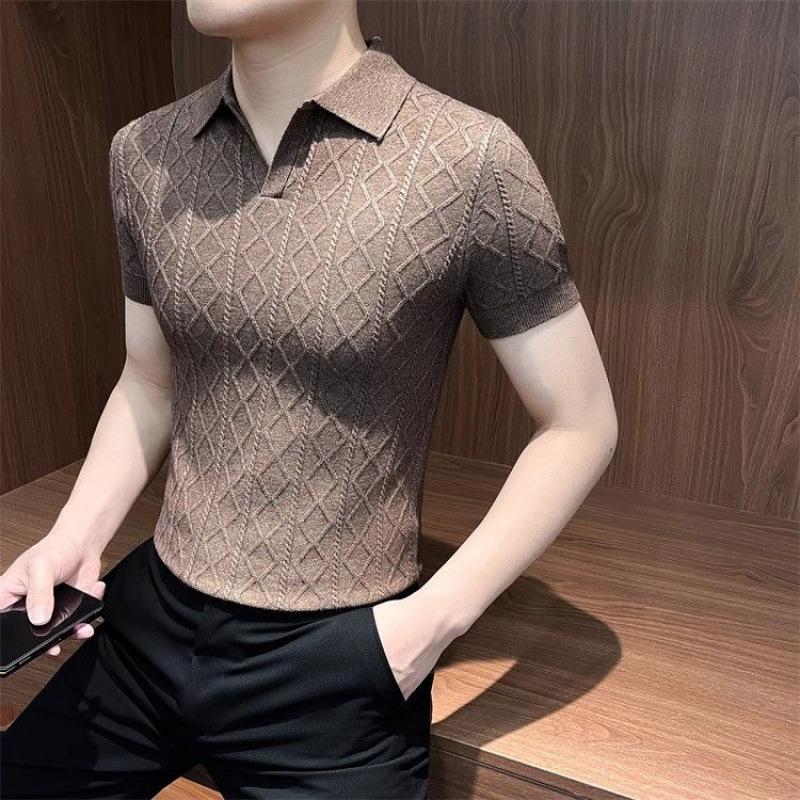 Light Luxury Rhombus Jacquard Short-Sleeved Polo Shirt Men'S Business High-End Slim-Fitting Lapel-Neck Knitted T-Shirt