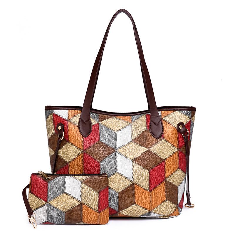 Cross-Border Patchwork Color-Block Tote: Large Capacity 3D Handbag for Moms