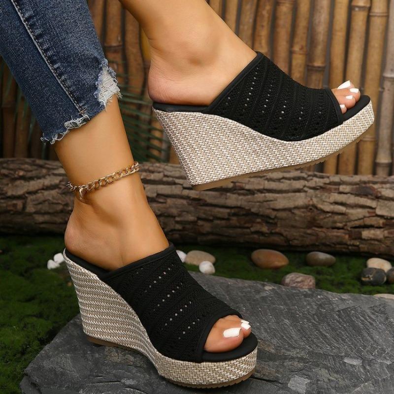 

Fashion Wedges High Heels Women Sandals Slipper Mesh Breathable Summer Outside Wear Fashion Fish Mouth 10cm Super High Heeled Sandales 39 чорний