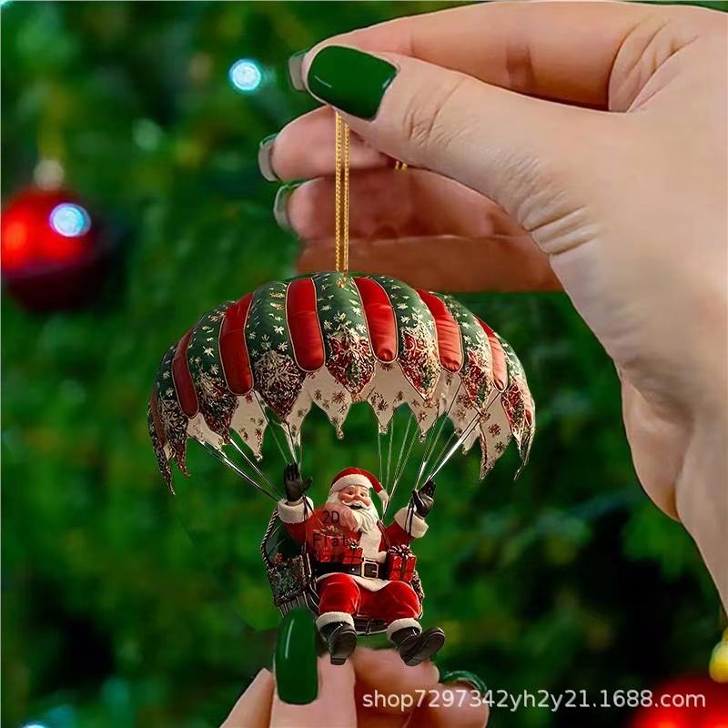 Christmas Hot Air Balloon Santa Claus 2D Acrylic Flat Ornaments New Bells Small Gifts Christmas Tree Pendant