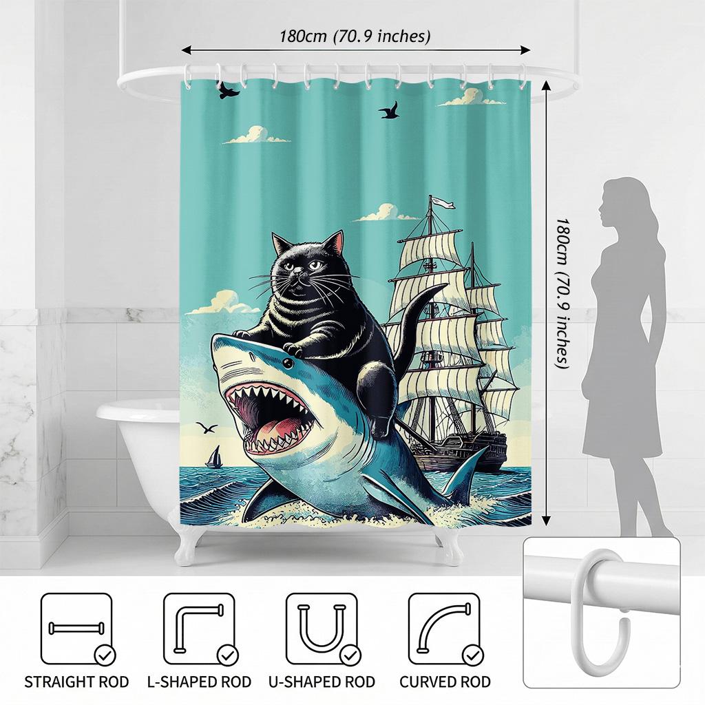 Funny Black Cat Riding Shark Shower Curtain, Vintage Nautical Ocean Sailing Ship Decor, Retro Art Fabric Bathroom Curtain