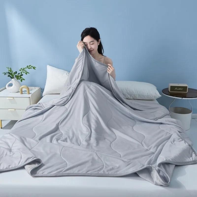 2026 New Solid Color Simple Wave Grid Ice Cream Cool Silk Summer Quilt Machine Washable Single Air Conditioner Quilt 100x150cm 1pcs