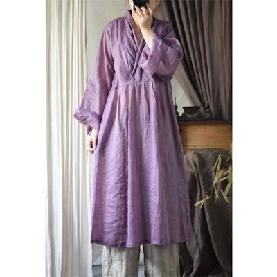 Women Chinese Style Solid Color Dresses V-Neck Long Sleeve Autumn Vintage High Quality Dress