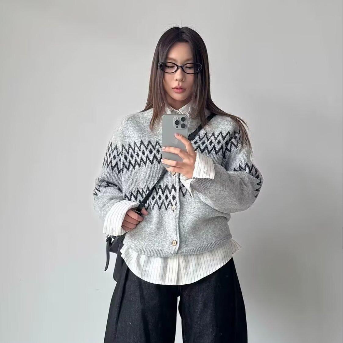 Унисекс Ретро Жаккардовый Вязаный Кардиган на Осень/Зиму: Свободный свитер-пальто Cleanfit & Cozy XL