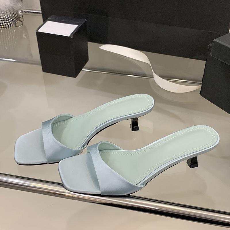 

Модные летние шлепанцы на низком тонком каблуке для женщин, уютные шелковые шлепанцы с квадратным носком, обувь-слайды, мюли, сандалии, женские zapatos mujer 35 синий